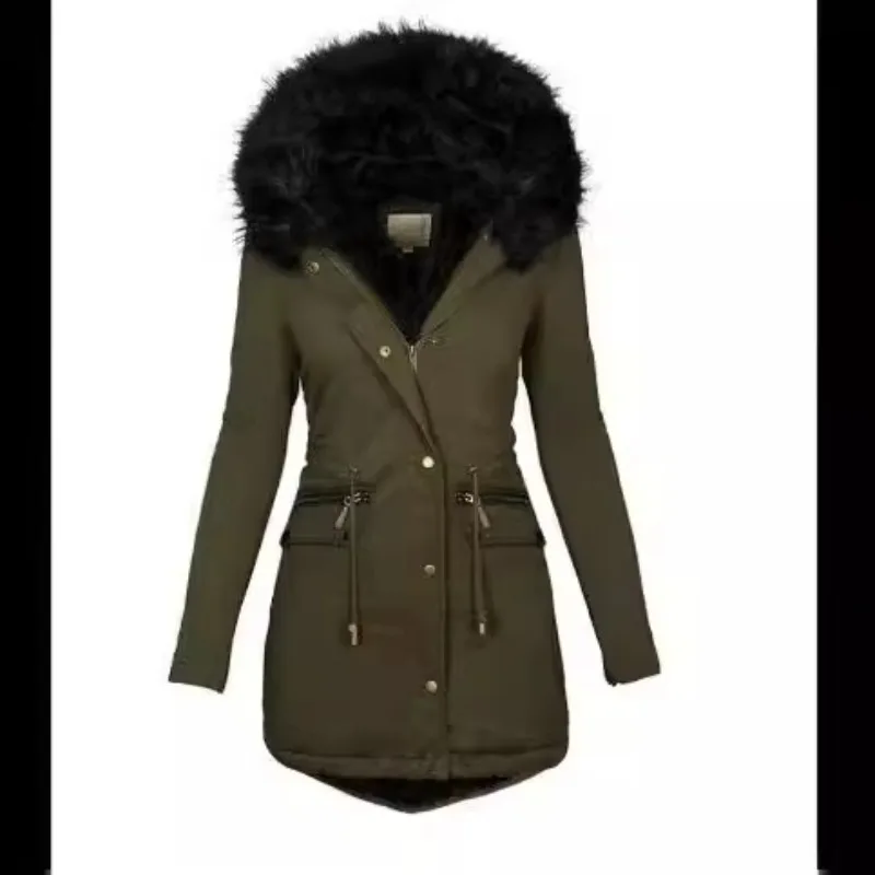 Kerah Bulu Warna Solid Berkerudung Pakaian Wanita Tipis Ramping Baru Jaket Ritsleting Mantel Parka Musim Gugur Musim Dingin