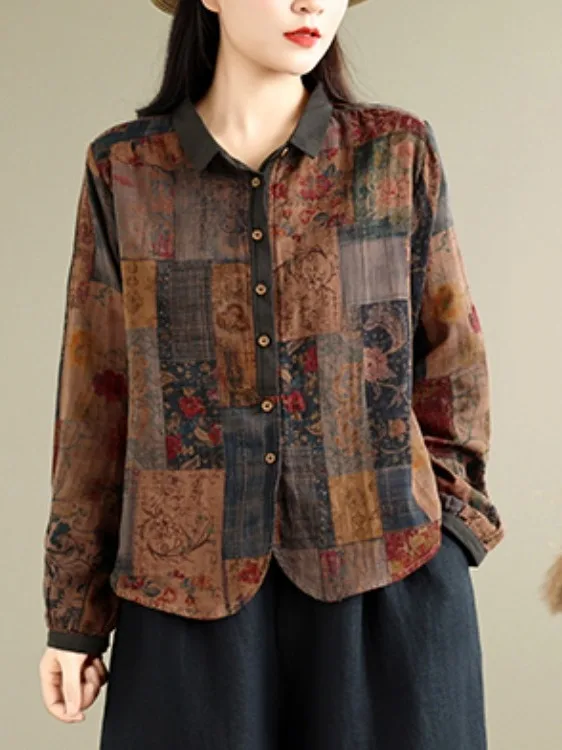 Retro Artistic Long Sleeve Cotton Print Shirt Loose Casual Open Cardigan Top for plus Size Women Autumn New Style Comfortable