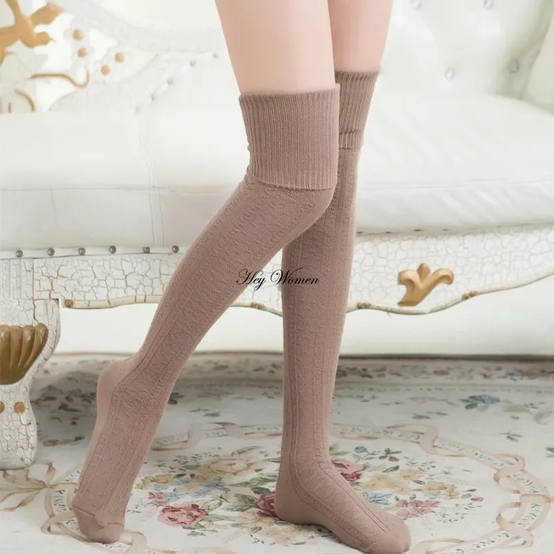 Thermal Stocking Knee Thigh High Long Tube Japanese Style White Black Coffee Solid Color Socks Twists Autumn Winter Stocking