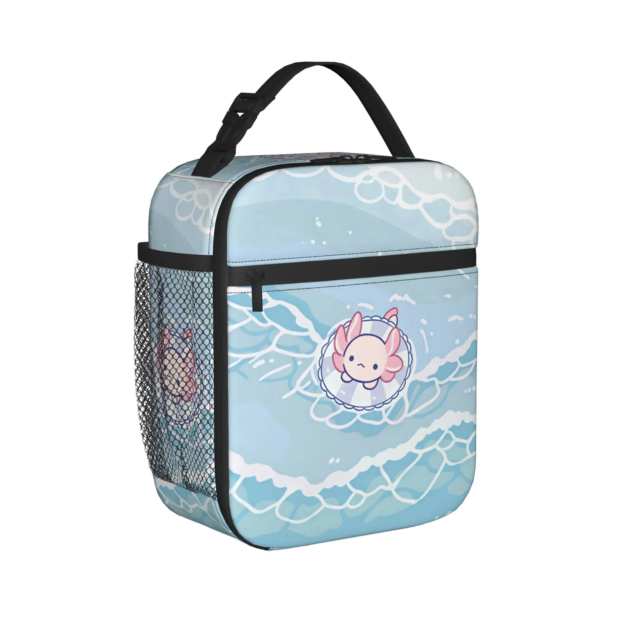 Swimmy Axolotls Lunch Bag  Travel Lunch Box For Unisex Fun Designer Thermal Tote Handbags Oxford Portable Insulated Cooler Bag