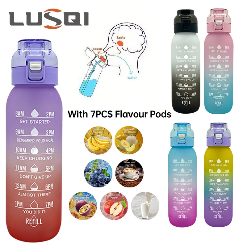 

LUSQI 1PC 1000ML Flavor Water Bottle With Straw With 7PCS Flavor Pods Fashion Fitness Water Bottle For Outdoor Activities Sports