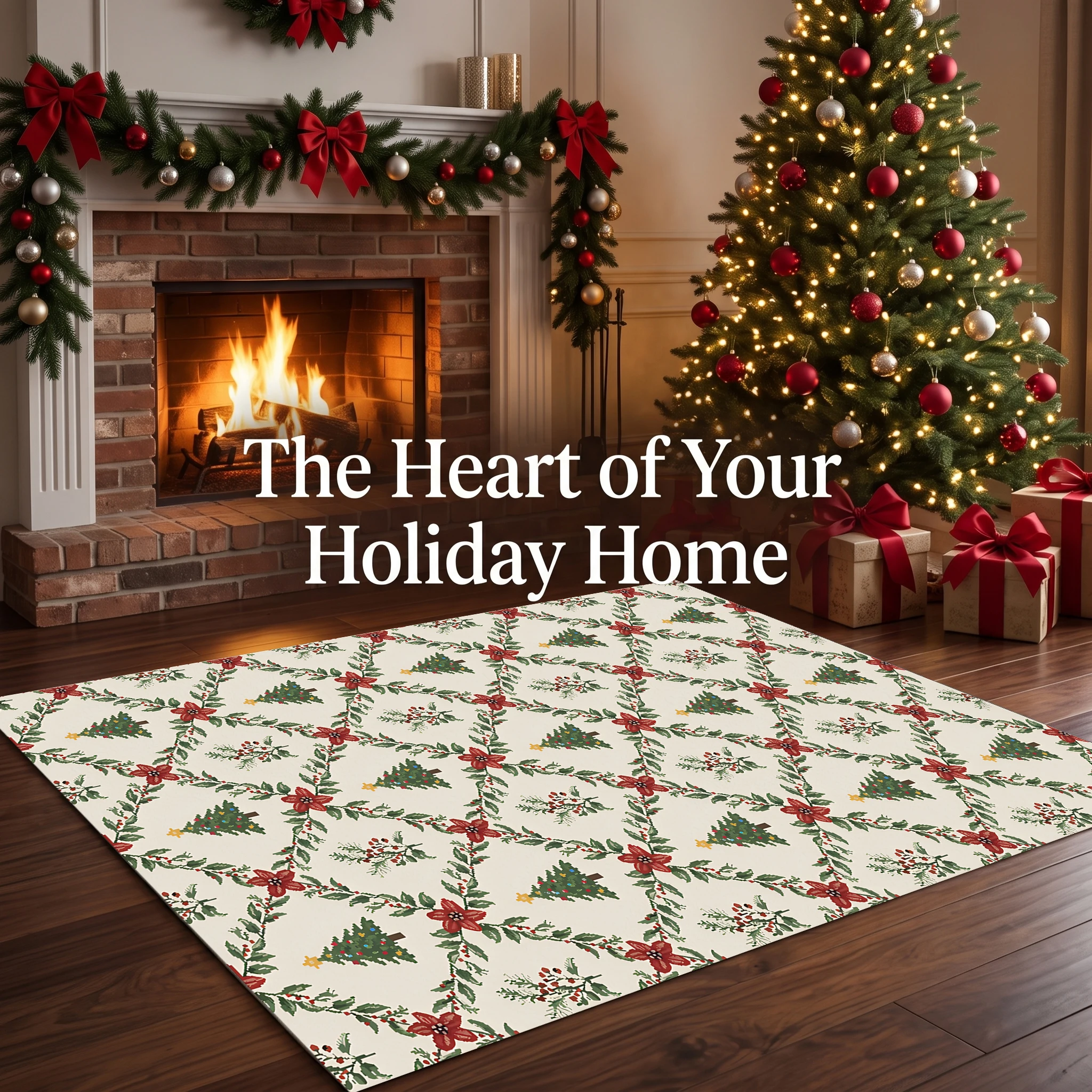 Vintage Poinsettia Pine Tree Floral Velvet Area Rug, for Living Room Bedroom, Autumn Winter Christmas Decor