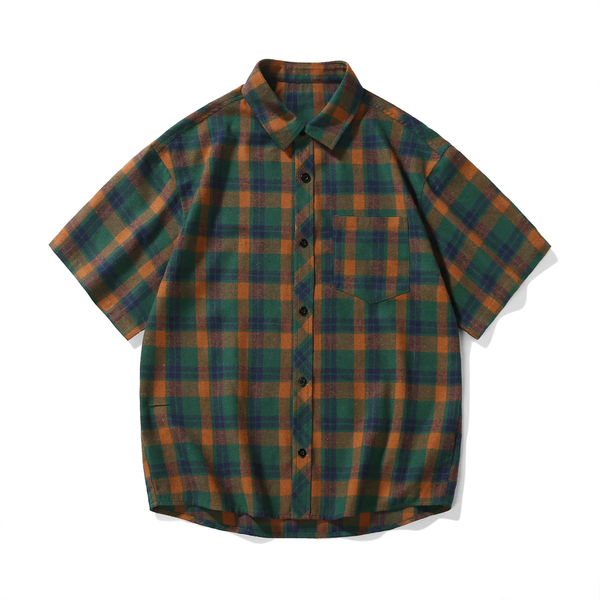 

Vintage Plaid Shirt Men's Summer Korean Contrast Color Lazy Sleeve Loose Casual Top for Couples Pure Cotton Half Sleeve Shirt