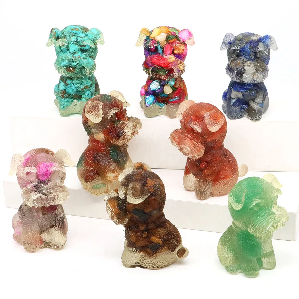 45mm Natural Stones Reiki Healing Crystals Gravels Schnauzer Dog Statue Resin Puppy Figurine Animal Crafts Home Decoration Gifts