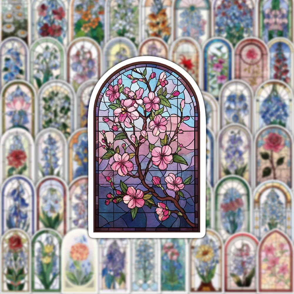 

50PCS Beautiful Flower Colored Glass Window Stickers High Beauty Colorful Art Decoration Scrapbook Phone Case Cup Laptop Sticker