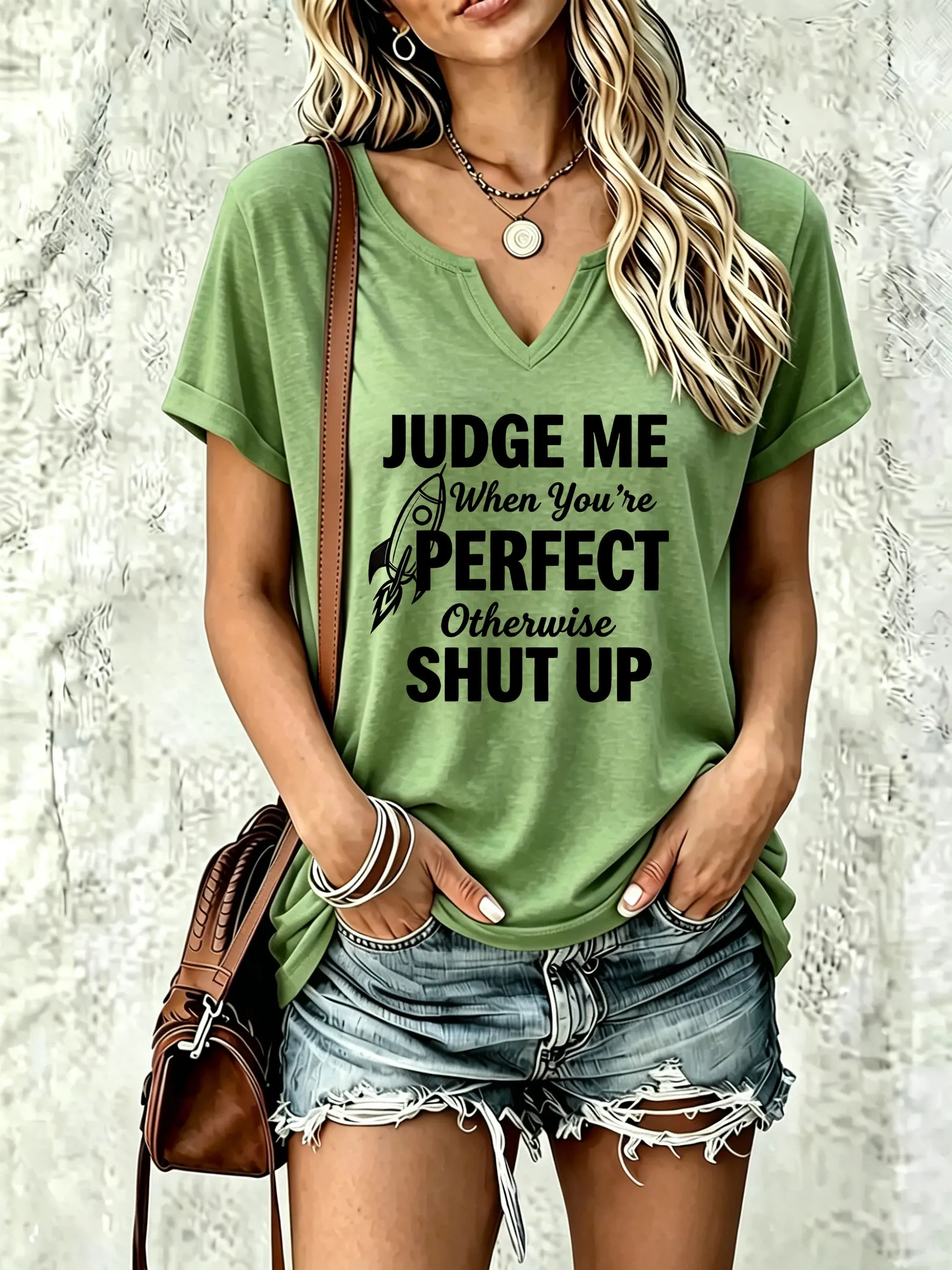Damen-T-Shirt mit V-Ausschnitt und kurzen Ärmeln, „Judge Me When You're Perfect“-Slogan-Rocket-Grafik-T-Shirt, Freizeitkleidung, Sommeroberteile für Damen – Detail 7