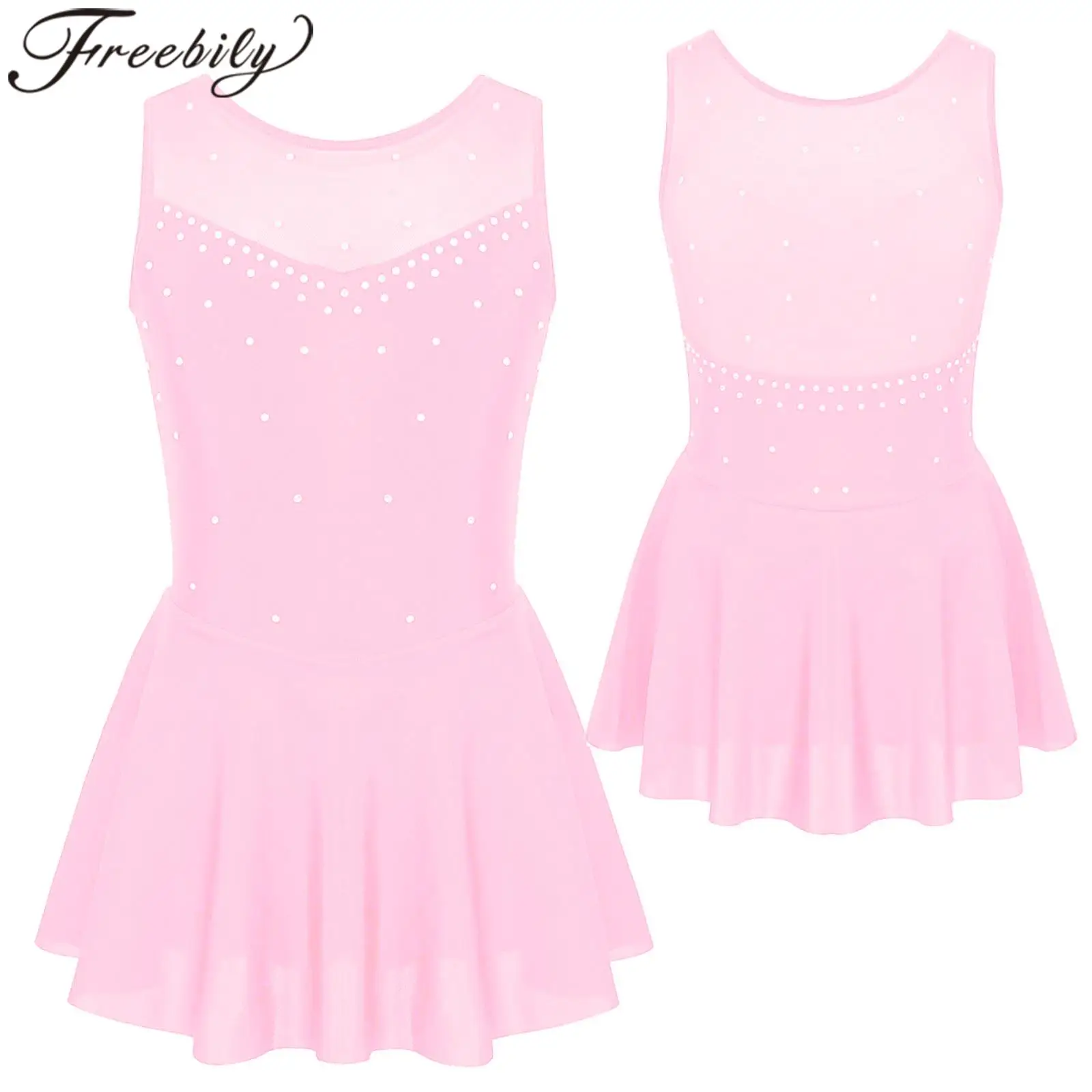 Vestido de balé infantil sem mangas, vestido brilhante com strass para patinação artística, vestido collant para meninas e adolescentes, fantasia de dança