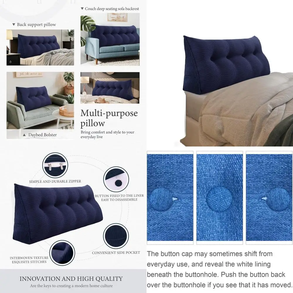 

Luxury Padded Headboard Pillow with Soft Firm Support, Large Bolster, and Triangular Wedge for Reading and Resting in Navy Blue