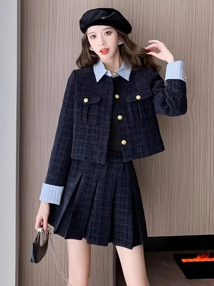 2024 Spring Autumn New Korean Version Temperament Small Fragrance Short Coat Ladies Slim High Waist Pleated Skirt 2 Piece Set