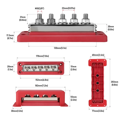 Imagen 2 del producto Terminal de barra colectora de 600A, 12-48V, bloque de distribución de energía, pernos M10, bloque de terminales positivo y negativo de CC, organizador de cables para barco, coche y RV