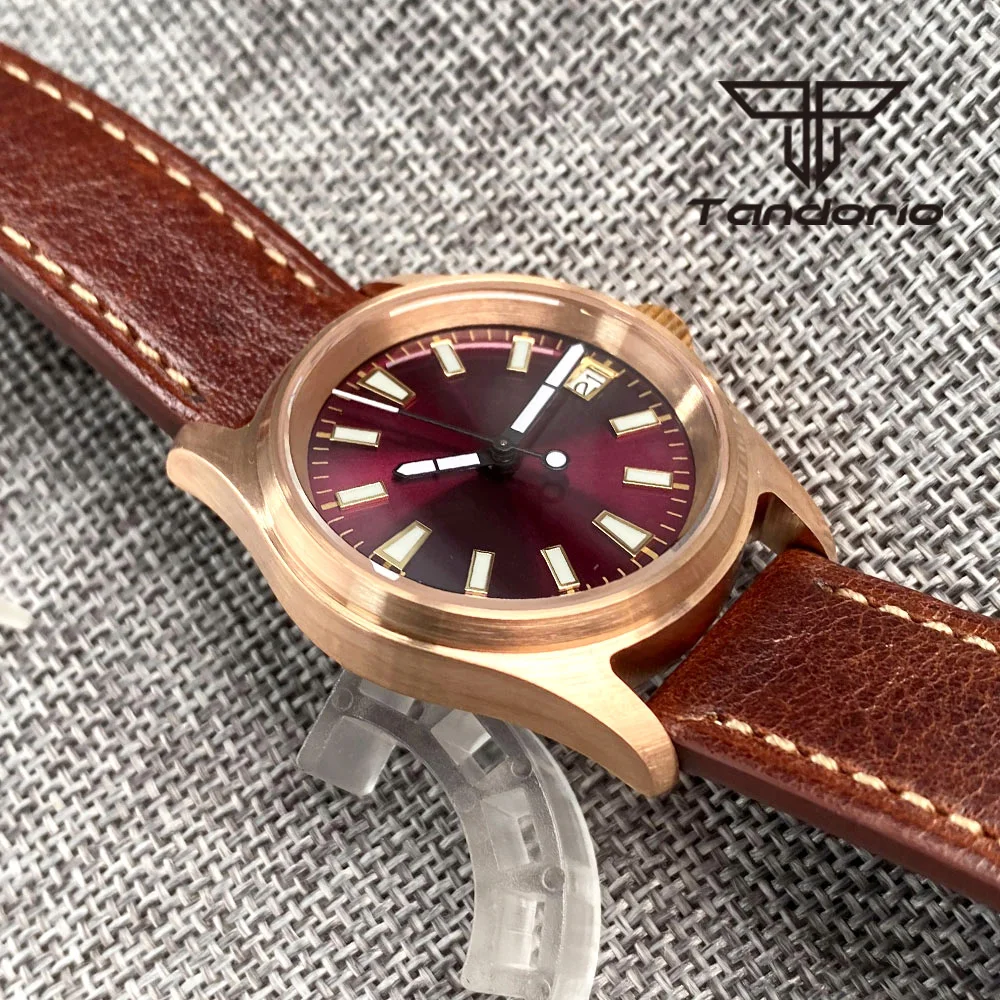 Tandorio NH35A Cusn8 Bronze 200M 36mm Lady Men\'s Pilot Automatic Watch Luminous Purple Sunburst Dial Sapphire Glass Date Leather