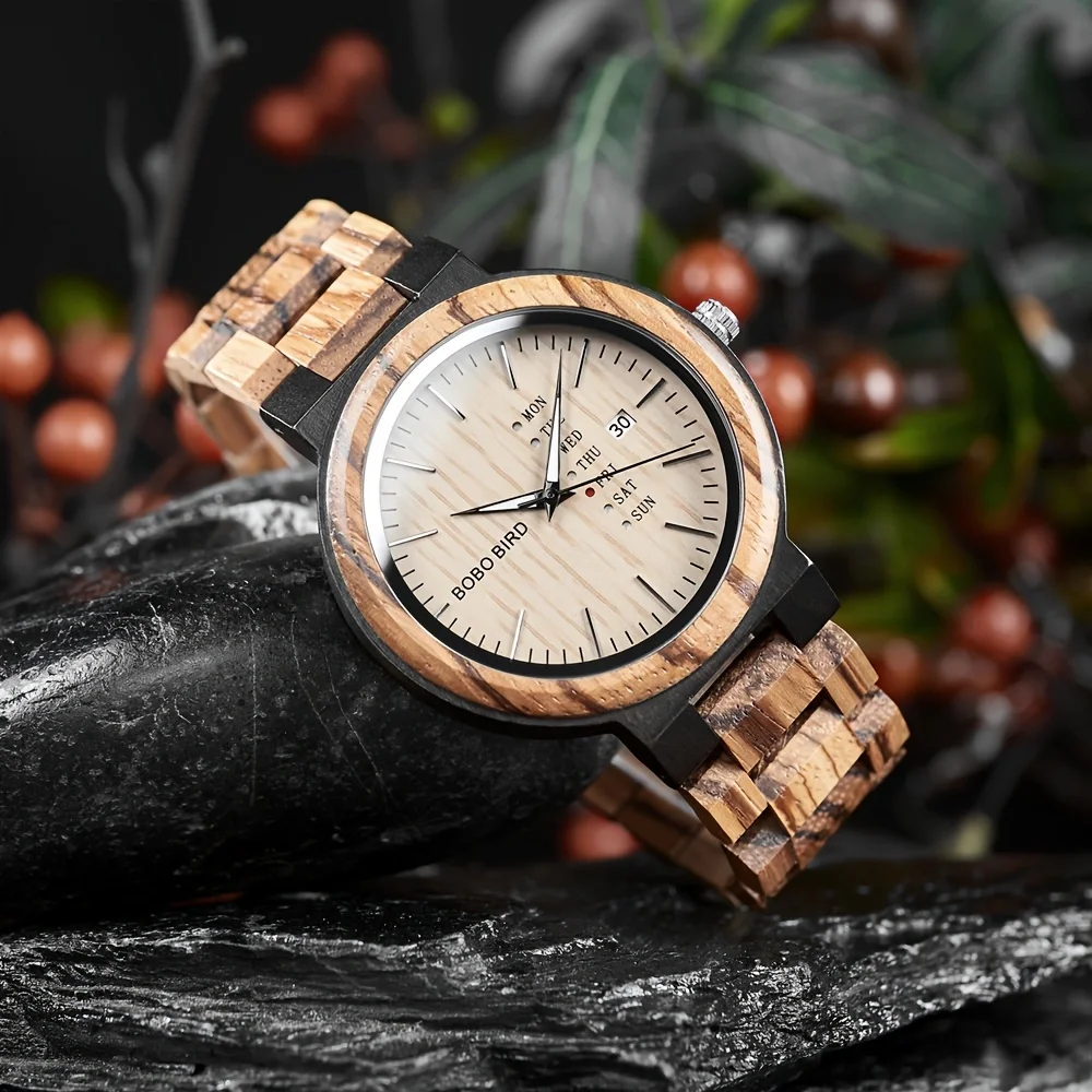 BOBO BIRD reloj analógico de madera para hombre, accesorio de pulsera de cuarzo resistente al agua con calendario, complemento masculino de marca de