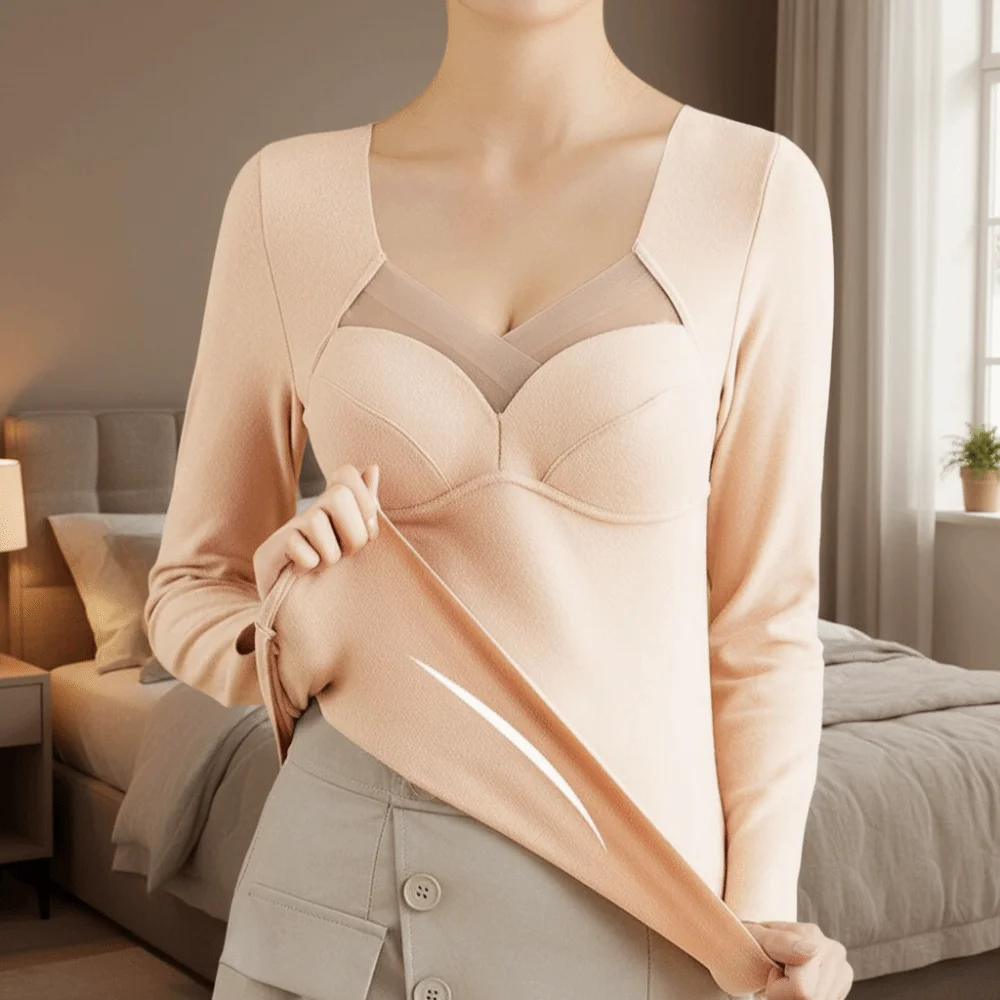 V Mesh Neck Women Thermal Clothes Invisible Solid Color Thermal Underwear Autumn Winter Lady Velvet Fleece Long-Sleeved T-Shirt