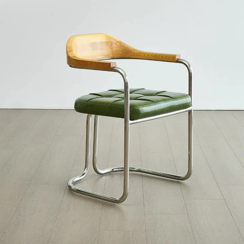 LTT French retro dining chair solid wood back chair Bauhaus light luxury leather single chair