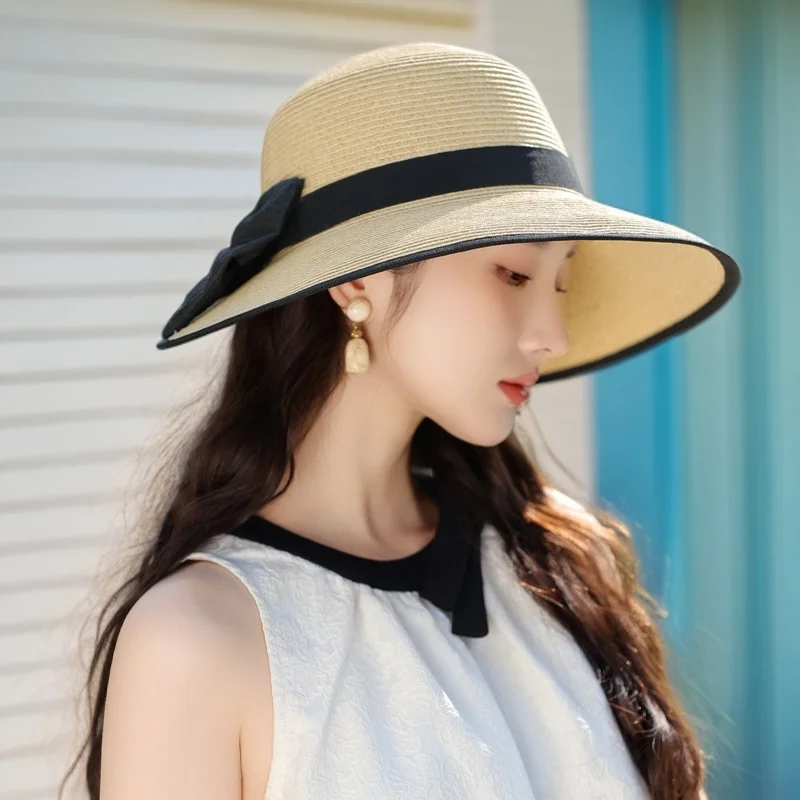 قبعة للشاطئ صيف جديد قبعة المرأة الراقية واقية من الشمس قبعة الشمس الصيف تنفس القش قبعة في الهواء الطلق القوس قبعة الشمس قبعة أنيقة على الموضة 2