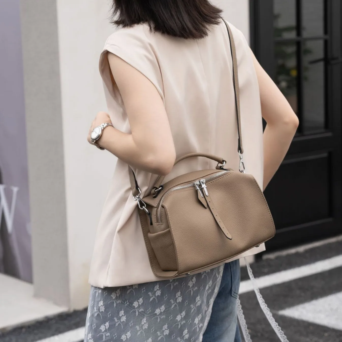 New Stylish First Layer Cowhide Leather Women Shoulder Bag Soft Lichi Patter Cowskin Female Handbag Beige Dropshipping