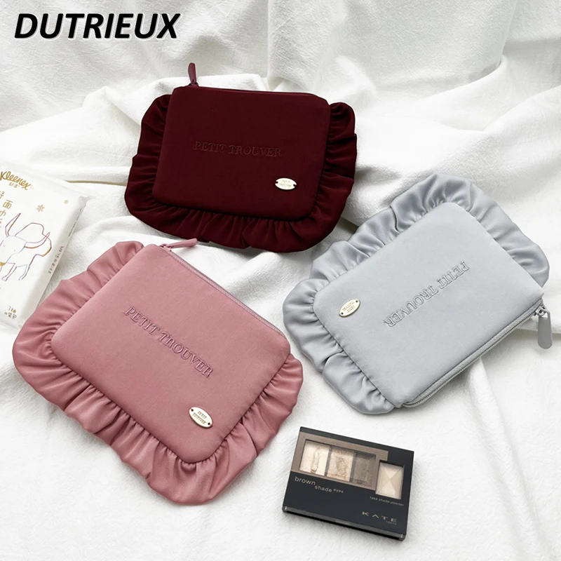 Spring Summer 2024 New Solid Color Makeup Pouch for Women Lace Semicircle Cosmetic Bag Fashion Sweet Cute Storage Bags