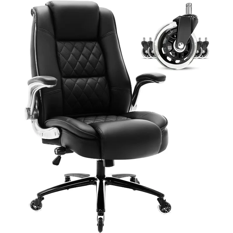 

High Back Task Chair - Flip-up armrests adjustable lumbar support, padded upholstery,sturdy metal base, silent roller task chair