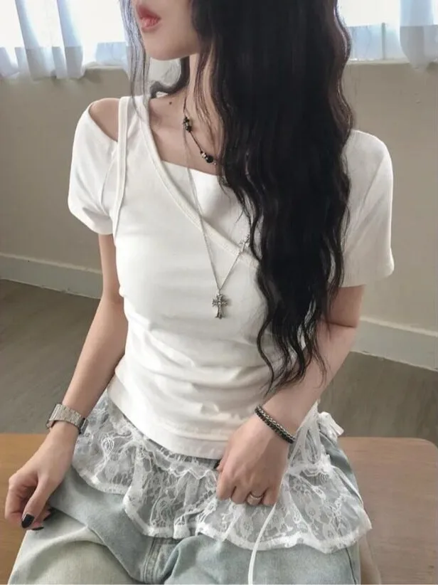 Summer Korean Style Student Short Sleeve T-Shirt Women's Irregular Shoulder Bared Slimming Waist Design Casual Streetwear