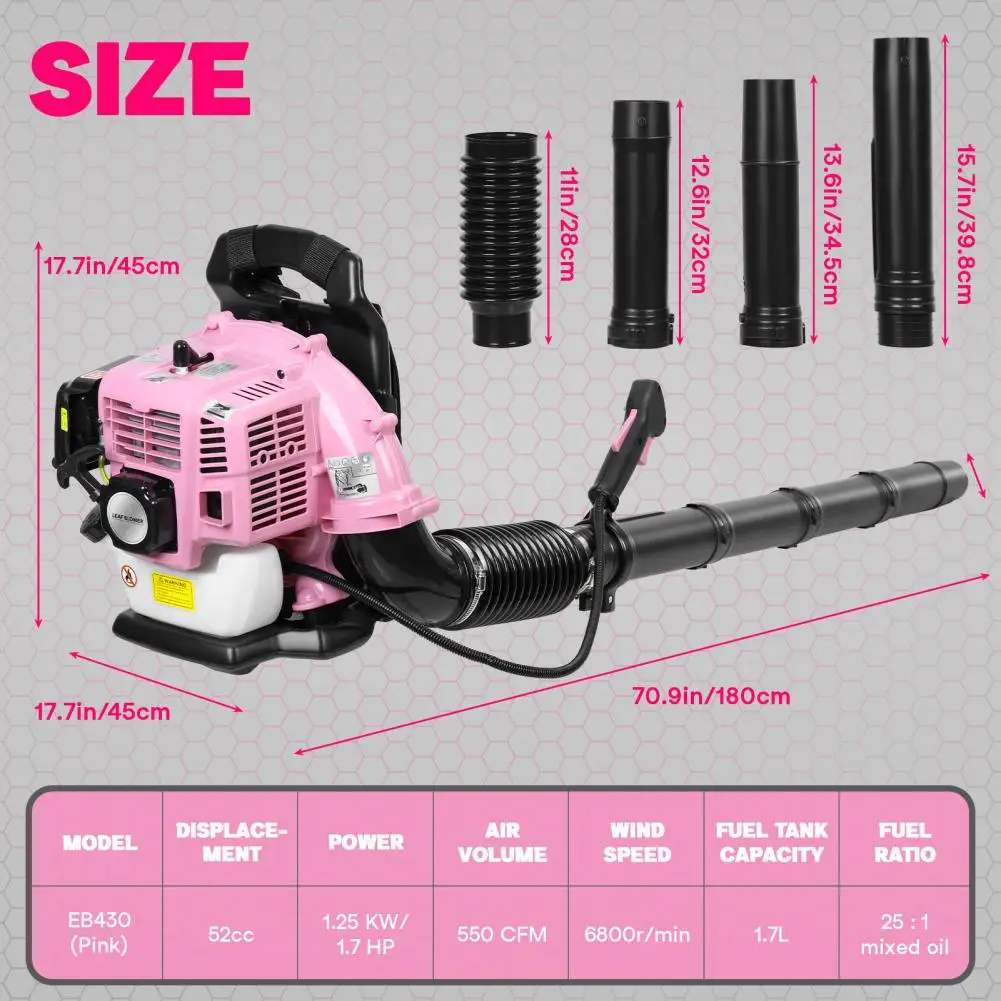 52CC 2-Takt-Rucksack-Gas-Laubbläser, Gasgebläse, bis zu 550 CFM, leistungsstarke Clearing, für Rasenpflegehof (Rosa)