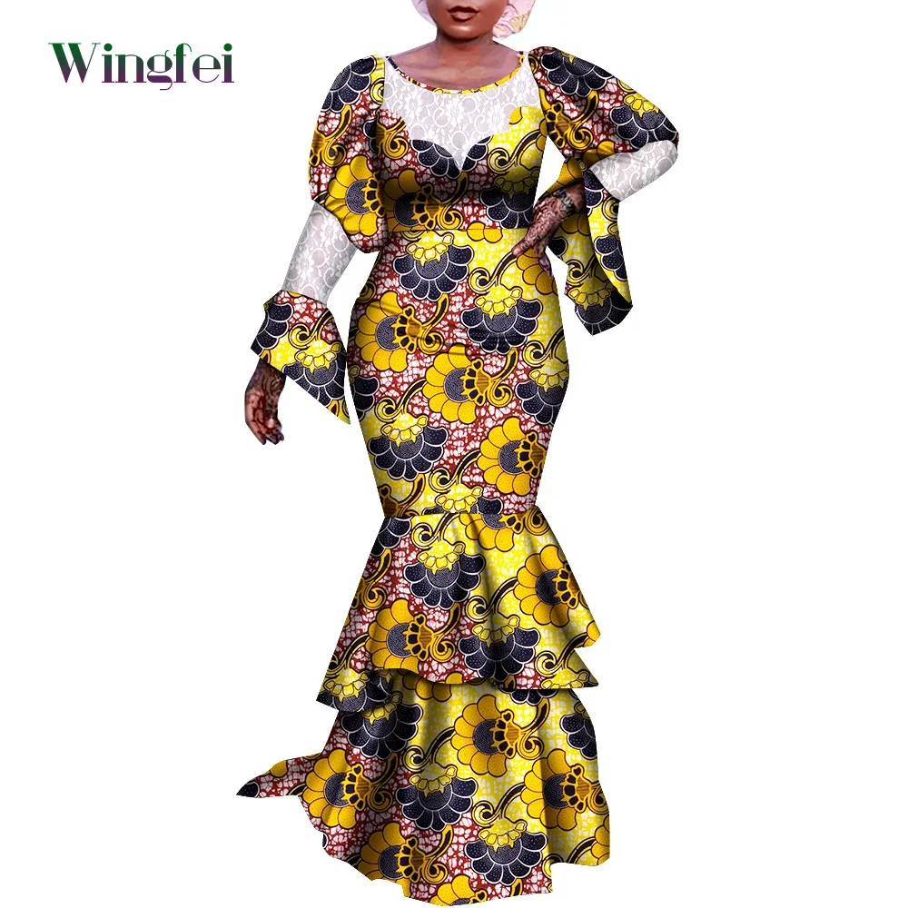 Fashion African Dresses for Women Elegant Dashiki Party Women Dress Flare Sleeve Multi-layered Maxi Long Dress WY9496