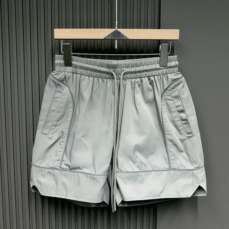 Silver Gray Polyester Reflective Webbing Strip V-shape Shorts Men Women Side Cool Letter Print Drawstring Casual Shortpants