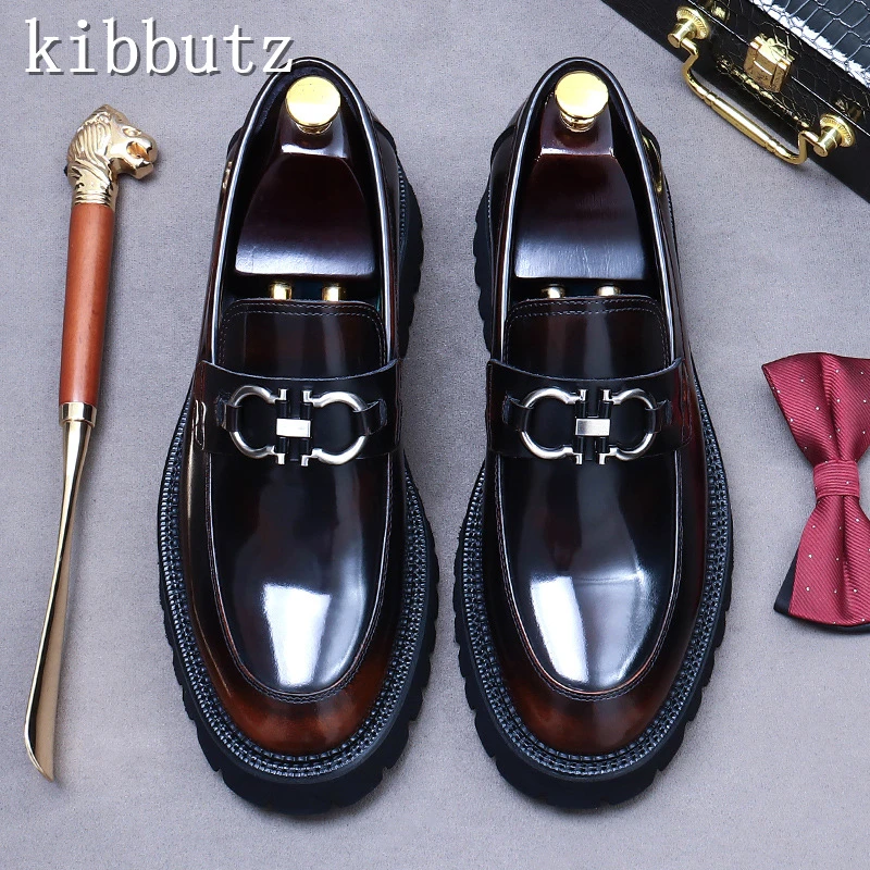 Designer New Bright Leather Men Derby Shoes Round Toe Thick Soled Slip On Male Formal Business Wedding Dress Shoes