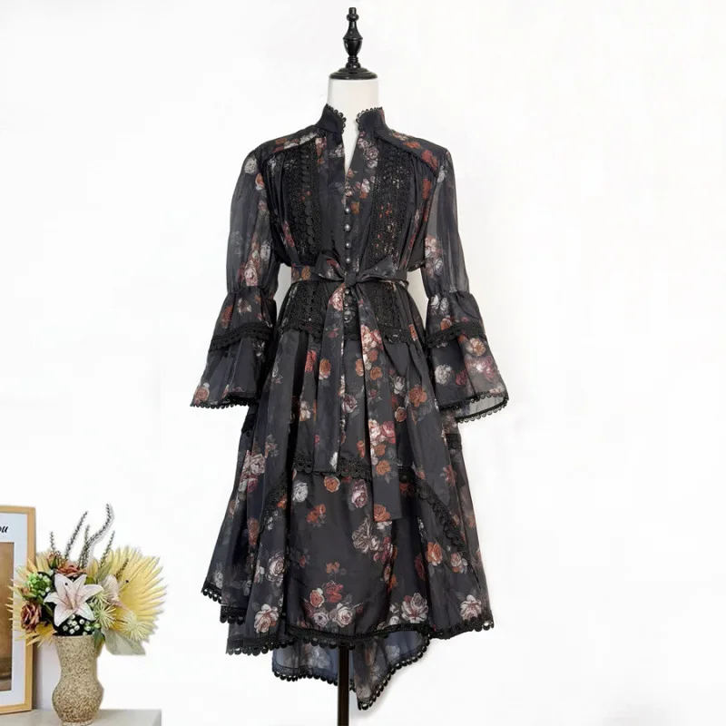 

Sexy Lace Trim Dr Women's New Sle Retro Sensual Belted High-End Feeling Floral Print Velvet Fabric Midi Skirt Spring Summer