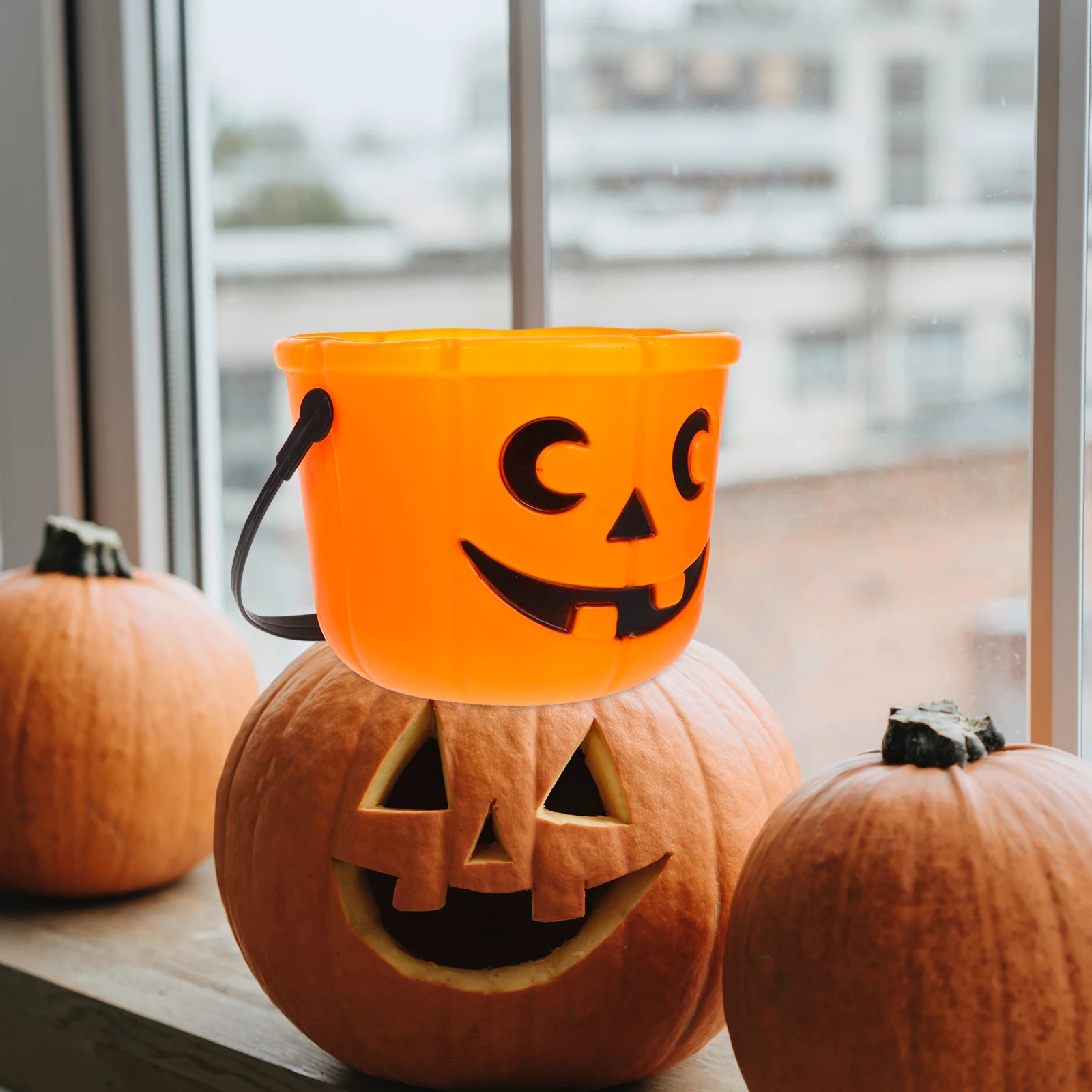 

4Pcs Orange Halloween Candy Tote Barrels Sturdy PVC Construction Compact Design for Easy Carry Party Favors