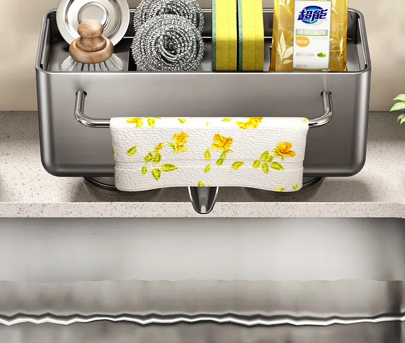 No Drill Suction Cup Kitchen Sink Caddy with Towel Bar Kitchen Sink Sponge Holder Dishcloth Drying Rack Sink Drain Basket