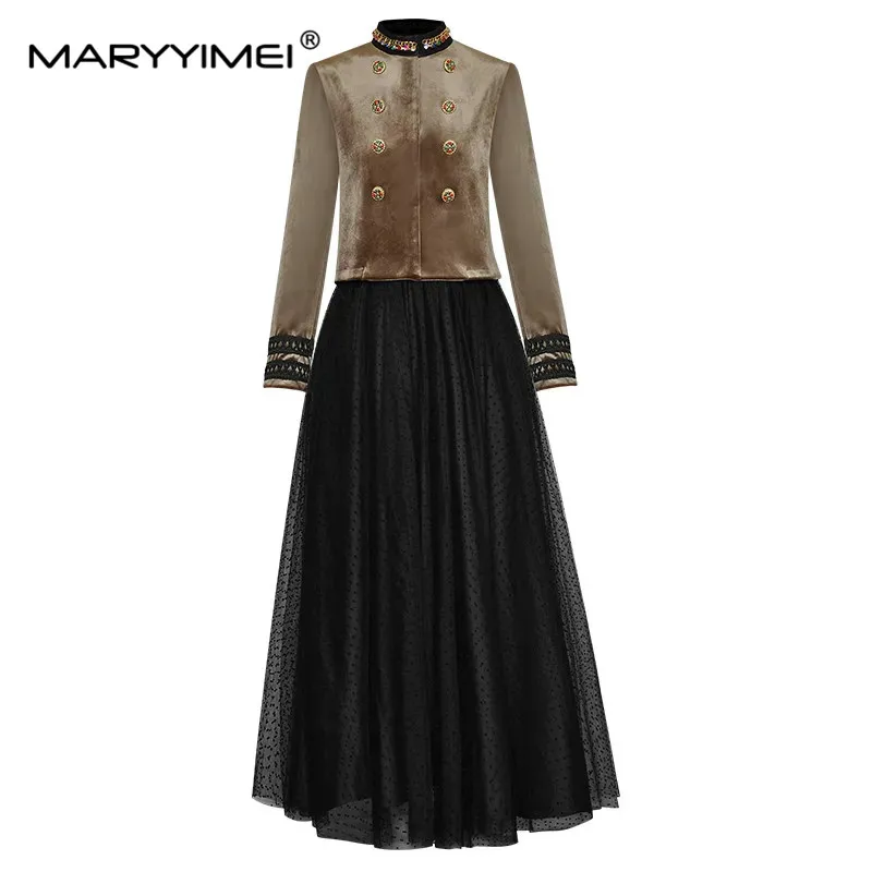 MARYYIMEI Designer Spring Skirts Suit Women Beading Long sleeve Coat + Polka dots Mesh Black Skirt 2 Pieces Set