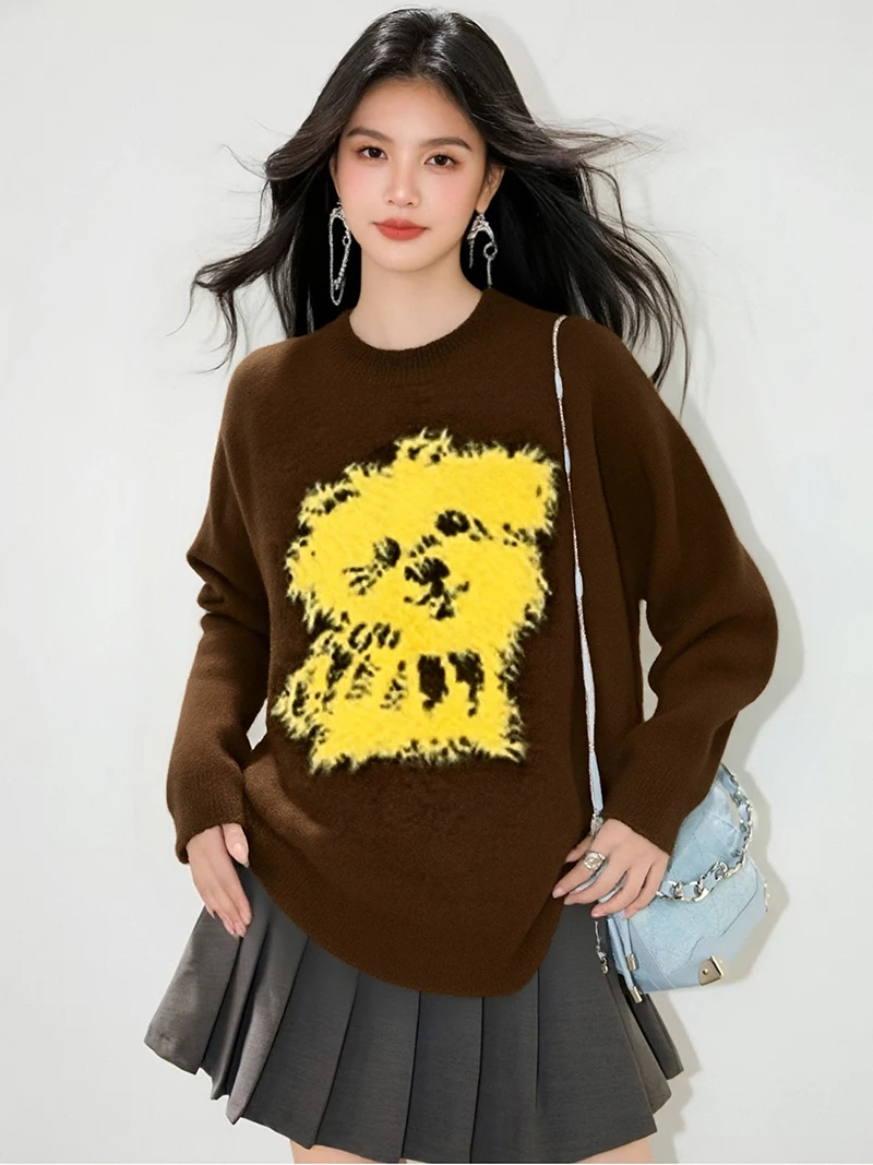 

2025,New,European,Clothes,Fall,Winter,Sweater,Fashion,Sexy,O-Neck,Women,Long Sleeve,Knitted,Furry,Cute,Dog,Pullover,Tops,510046