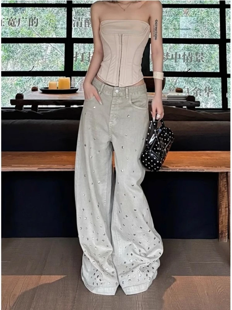 

Fashion Diamond Jeans American Spice Girl High Quality Wide Leg Pants Women 2025 Summer Street Vibe Style Casual Trousers Female