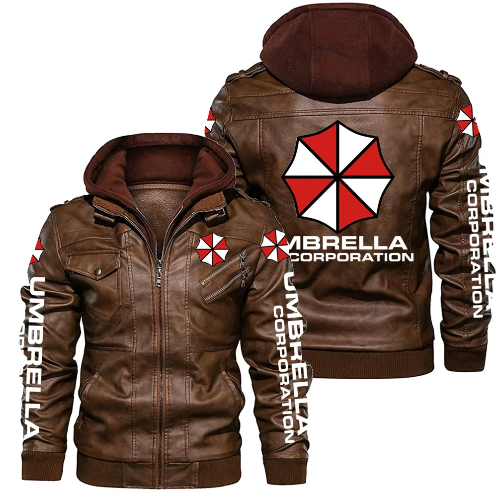 2024 New Autumn Winter Euro size Men\'s Pu Leather Umbrella Logo Long Sleeve Zipper Hooded Jacket Fashion Coat