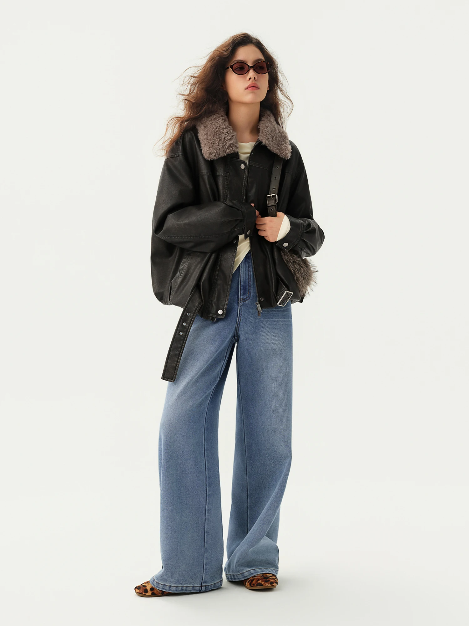 DUSHU American Vintage Biker-style Down Jacket Women Washed PU Leather Detachable Lining Winter Outerwear Warm