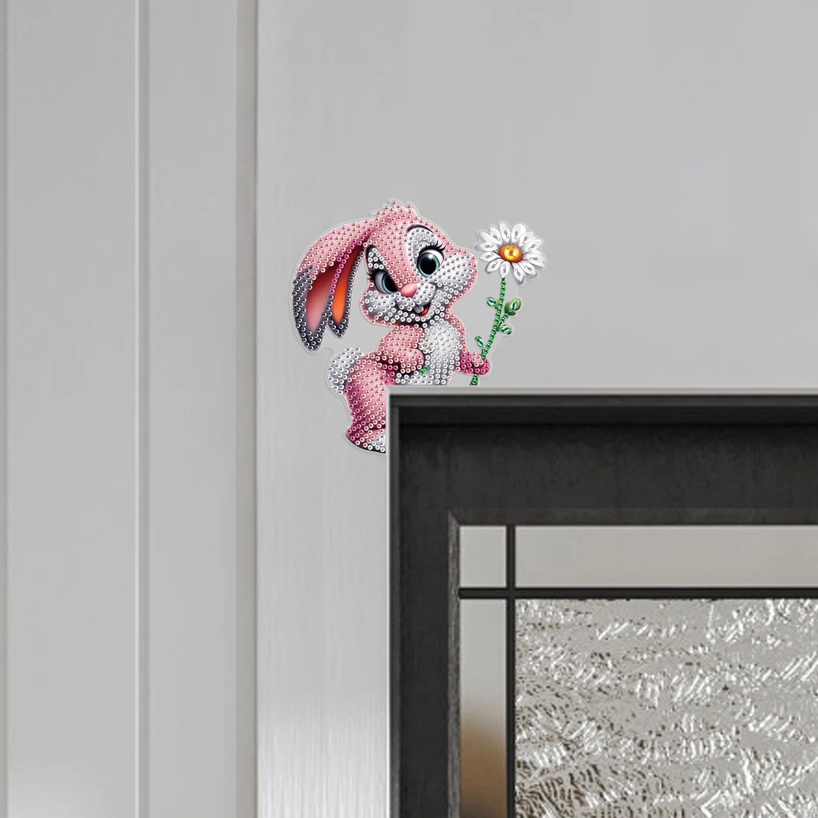 مجموعات ديكور ركن الباب الماسي، أرنب وردي أكريليك شكل خاص باب المطبخ المنزلي الماسي، إطار الصورة ديكور فني هدية #3