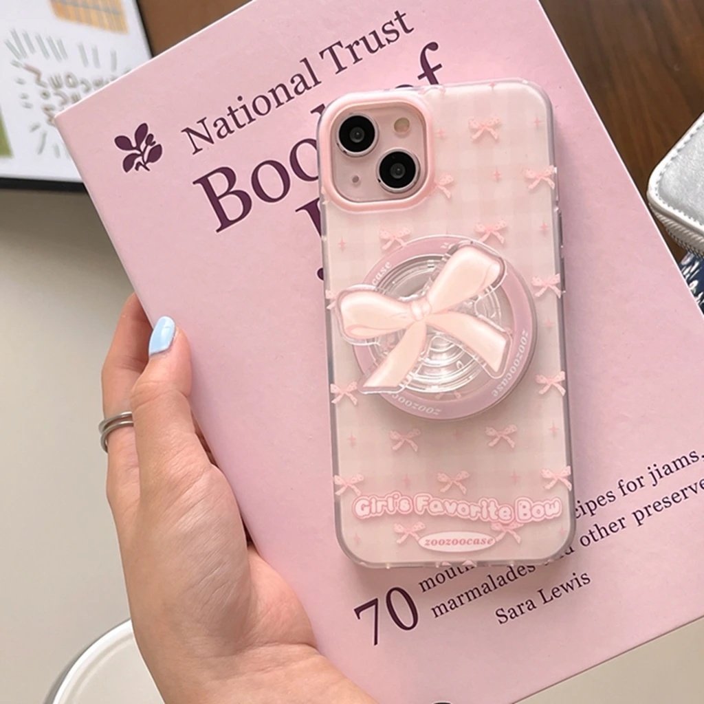 Ins Stylish Matte Pink Plaid Bowknot Magnetic With Holder Cover Case For iPhone 16 15 14 13 12 Pro Max Phone Case