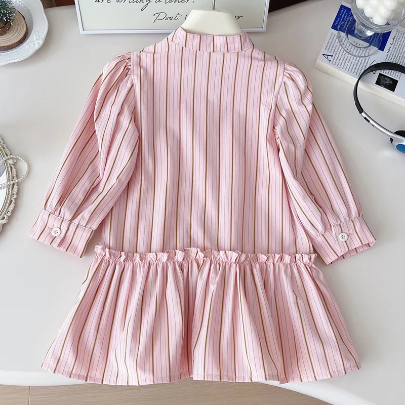 Girls Small and Older Children Striped Shirt Collar Long-Sleeved Pink Dress2024Autumn New Little Girl Fashion Princess Dress