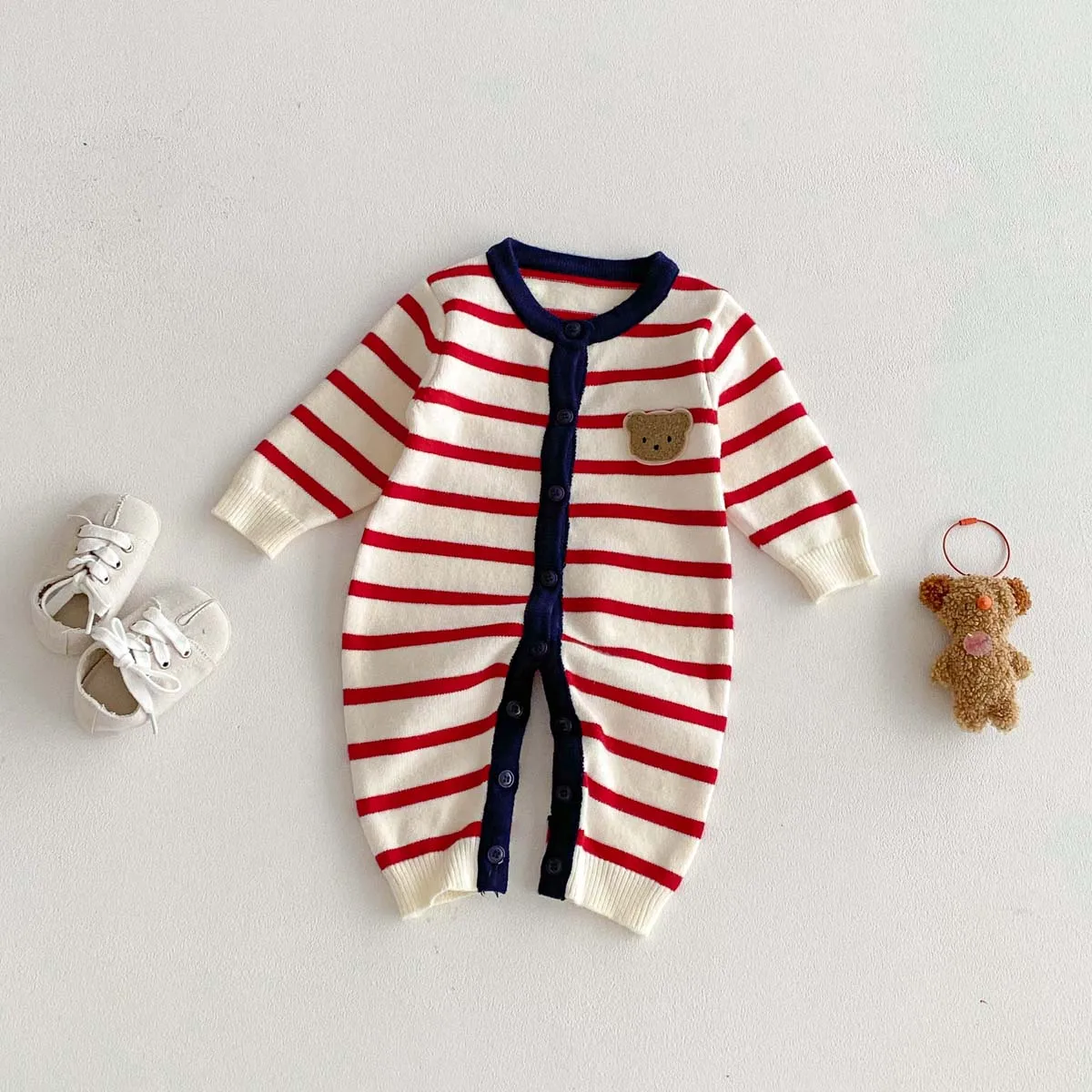 

Baby Jumpsuit Autumn and Winter Baby Boys and Girls Knitted Striped Bear Sweater Jumpsuit, Baby Boy Fashion Warm Long Sleeve Jumpsuit