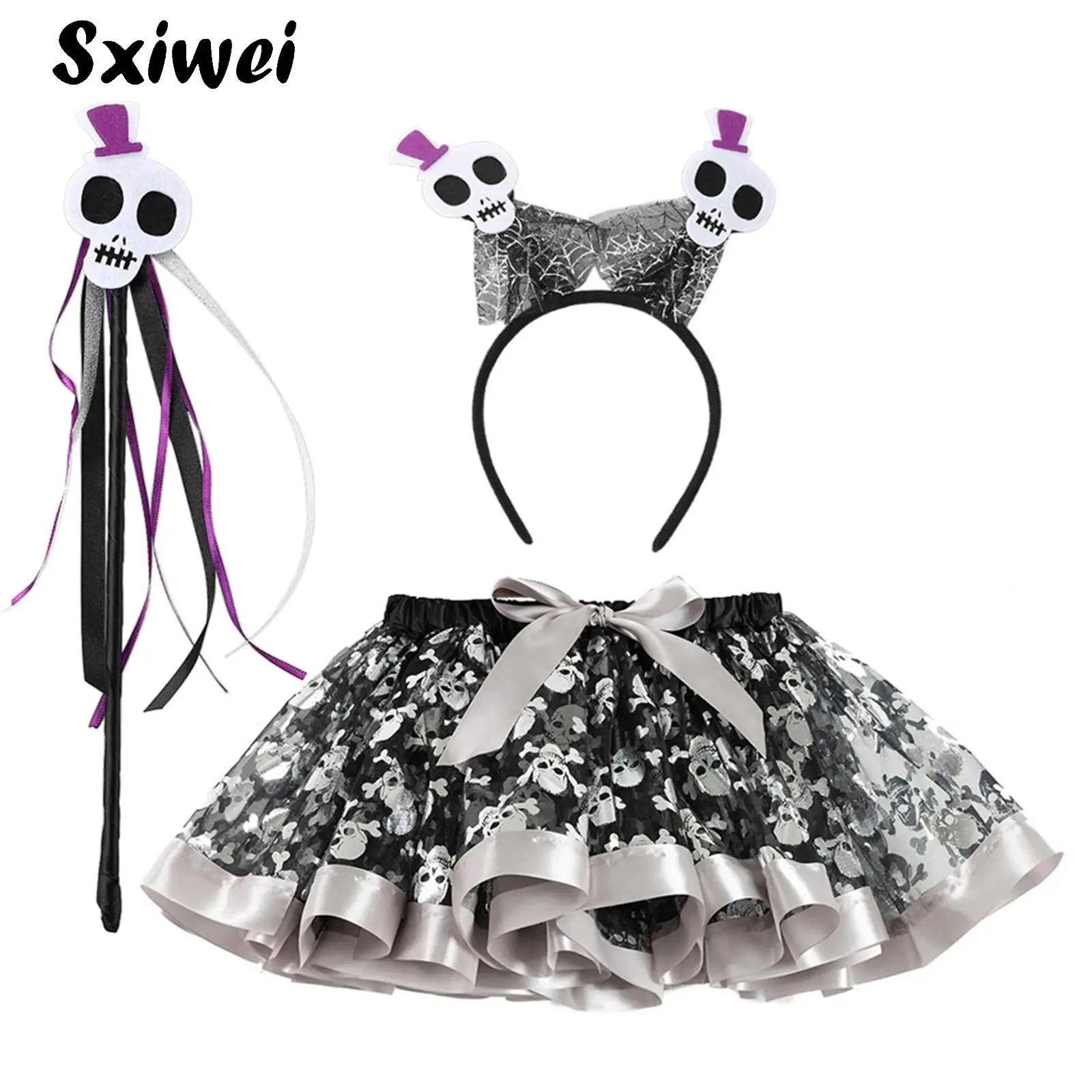 

Girls Halloween Witch Costume Set Skull Spider Print Mesh Tutu Skirts Ballet Pettiskirts+Witch Hat+Magic Stick for Cosplay Party