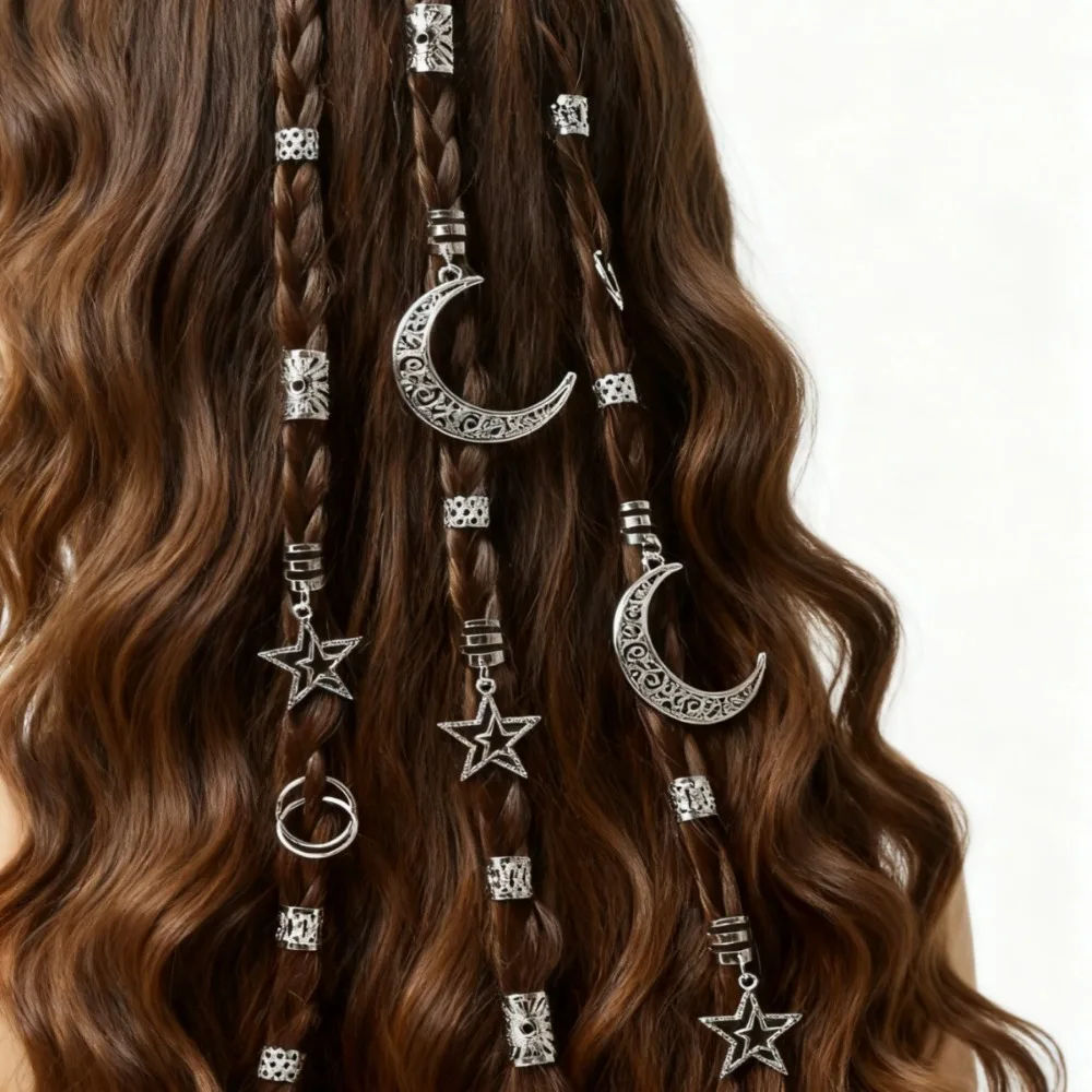 45Pcs/Set Stars Moon Combination Dreadlock Hair Rings Metal Cutout Vintage Braiding Jewelry Dreadlock Hair Clip Adjustable