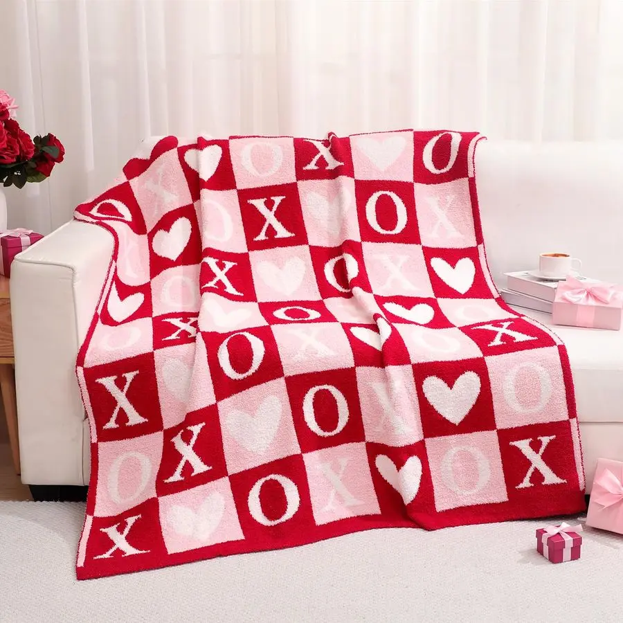 

Valentines Day Knit Throw Blanket, 50 x 60 Inch Heart Red Pink White Reversible Knitted Throw Blanket, Soft Lightweight Cozy Lov
