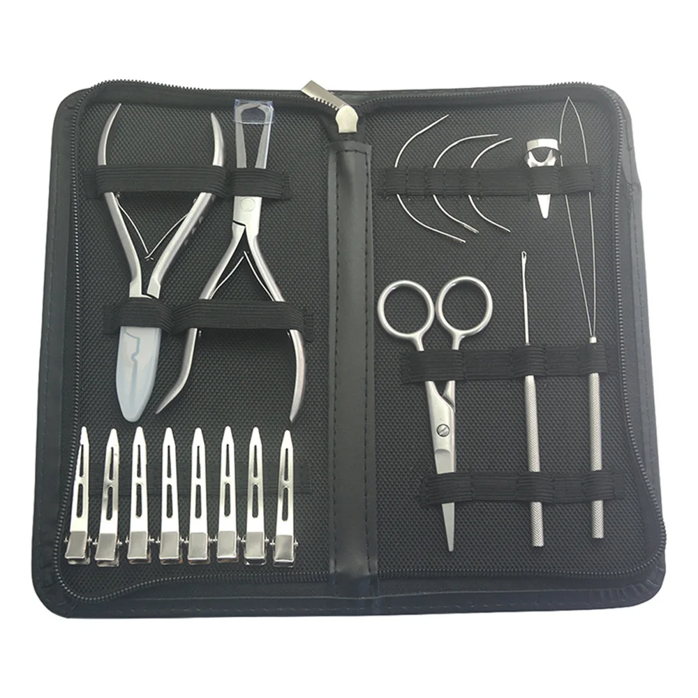 Seventeen-piece set of hair extension pliers, bead stringer, hook pin, small scissors, hair clip, curved hair distribution ring