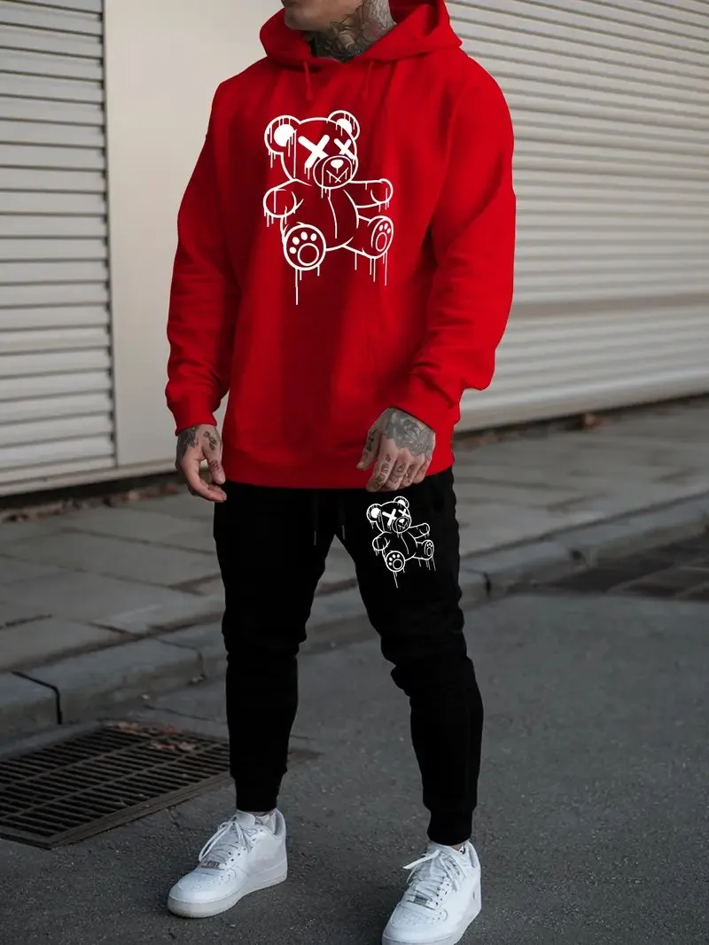 2025年秋新作 3Dクマプリント 快適でおしゃれなカジュアルメンズアウトドアスポーツスウェット上下セット