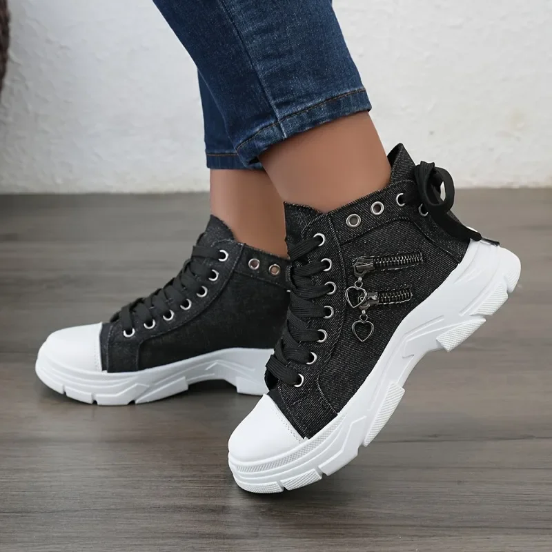 2024 New Women Plus Sizes Sneakers High Top Female Denim Canvas Shoes Thick Sole Girls Students Ankle Canvas Boots Lace Up