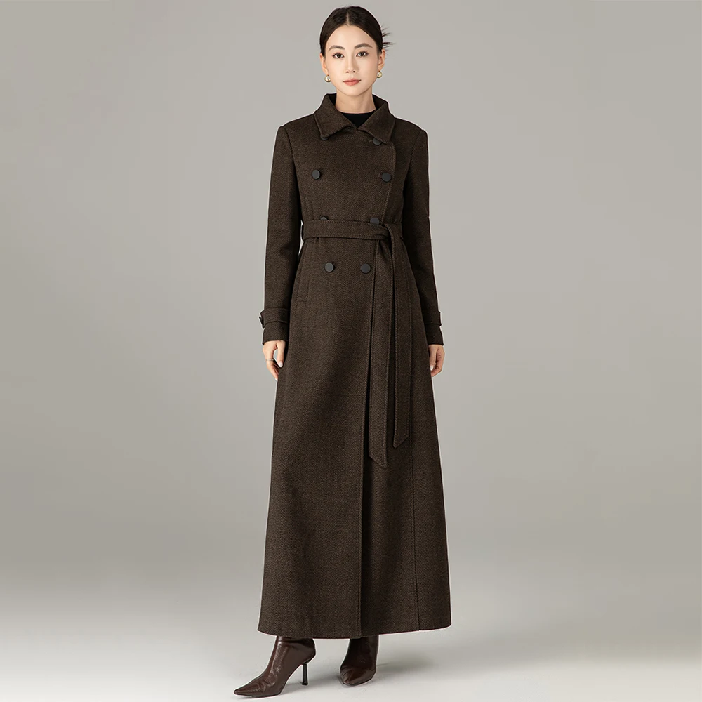 New Women Herringbone Woolen Coat Autumn Fashion Turn-down Collar Double Breasted Slim Long Coat Simplicity Wool Blended Coat