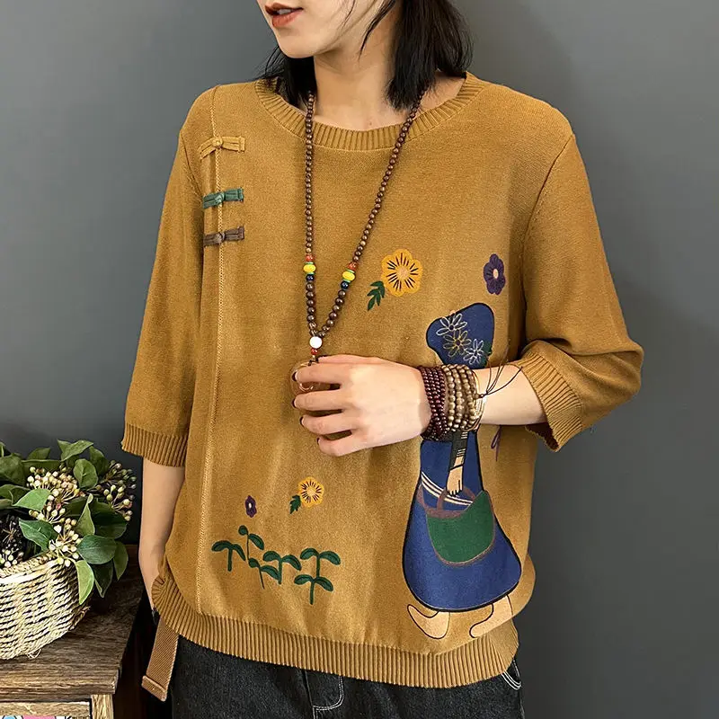 Artistic Retro Mid Sleeve Casual Knitted Sweater for Women in Spring and Autumn Style Ethnic Style Oversized Loose Base Shirt