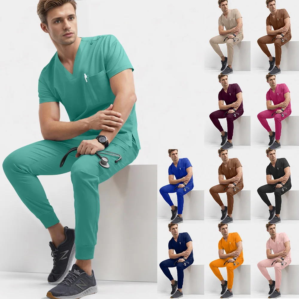 Men's Hand Washing Clothes Medical Doctor Uniforms V-neck Summer Thin Elastic Quick Drying Jogging Set Dentist Doctor Work Suit