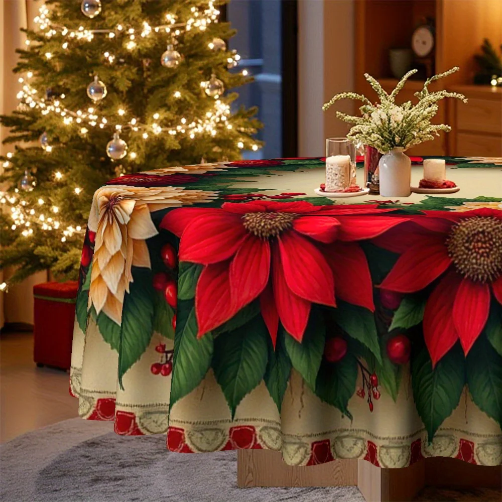 1 round tablecloth designed for Christmas with a festive floral wreath theme
