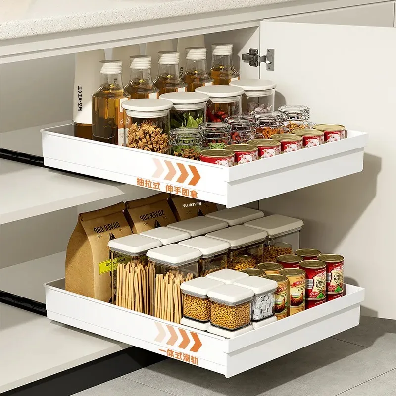 1-2Pcs Kitchen Storage Rack with Slide Rails Pull-out Drawer Type Storage Tray Spice Box Storage Rack for Cupboard Cabinet